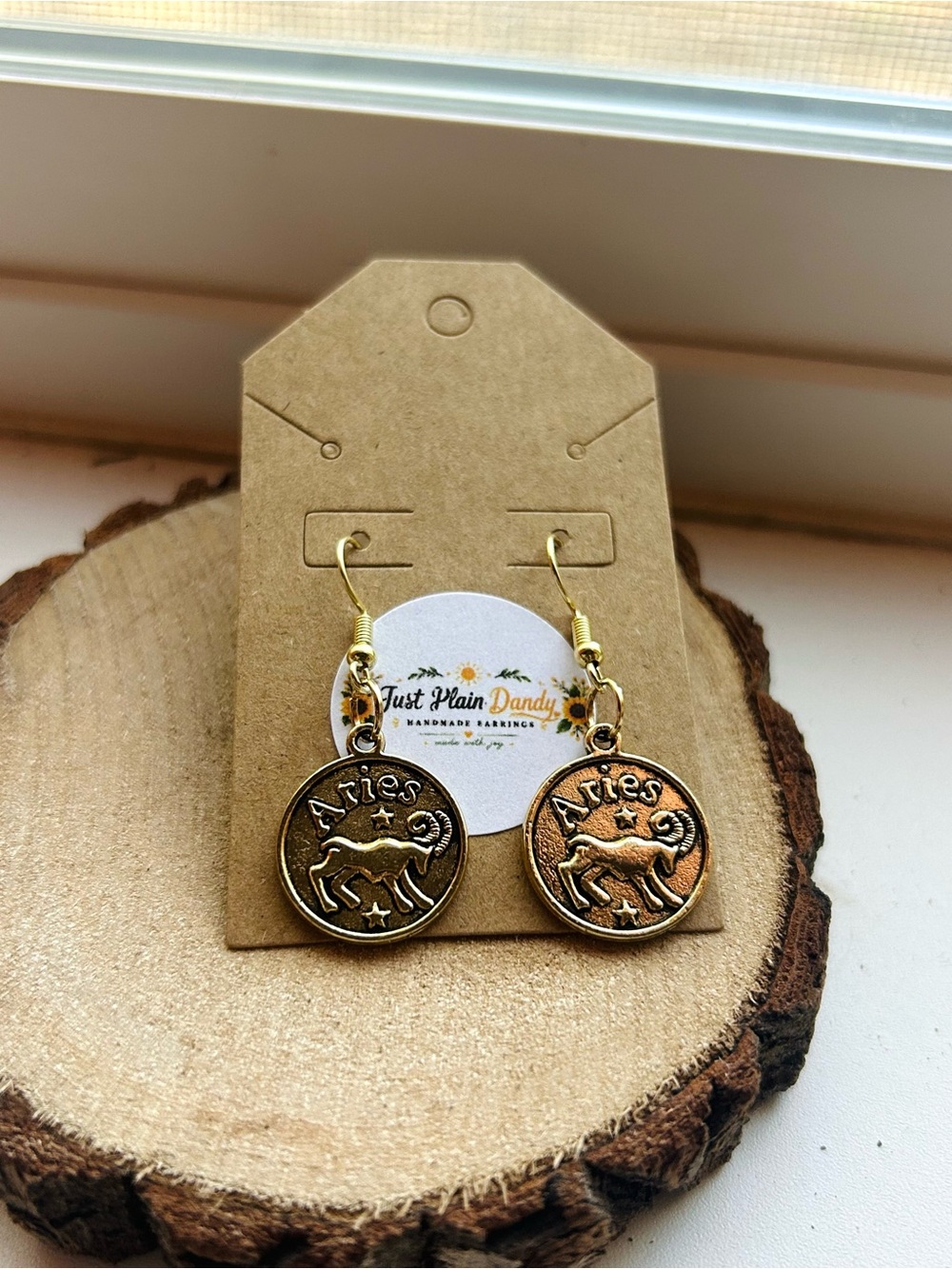 Aries Zodiac Dangle Earrings Gold Bronze Astrology Charm Double Sided